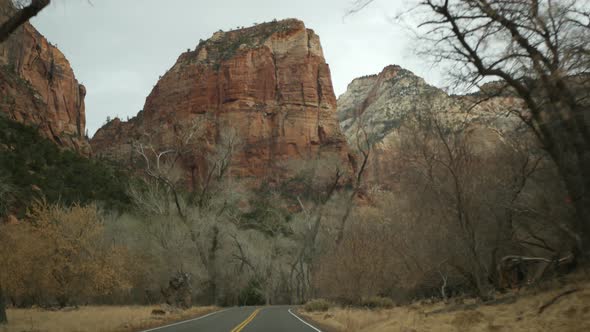 Road Trip Driving Auto in Zion Canyon Utah USA