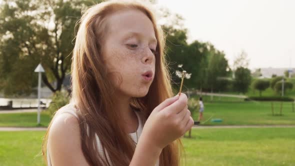 Red Haired Little Girl with Freckles Blowing on Dandelion in Park