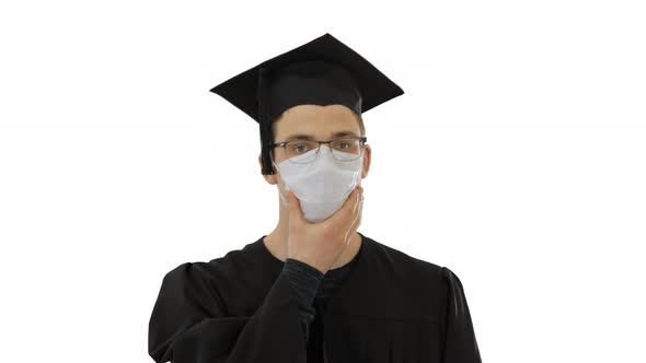 Graduate Student in a Medical Mask Walking on White Background alt