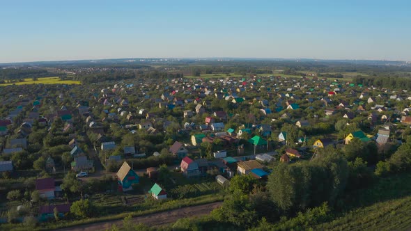 Aerial View, Flying Over the Country Cottage Village in Summer, Russia Summer Houses, Drone Shot.