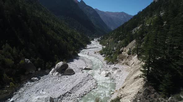 Gangotri valley in the state of Uttarakhand in India seen from the sky alt