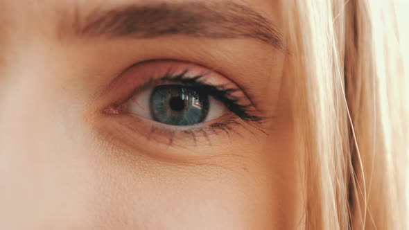Closeup beautiful woman eye. Young blue eyed girl, macro shoot alt