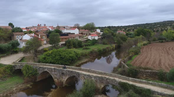 Drone aerial view of Idanha a velha historic village and landscape with Monsanto on the background, alt