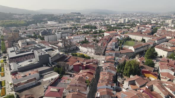 Historic center of Braga with Santa Cruz square, Portugal. Aerial panoramic view alt