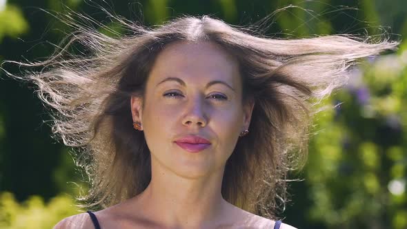 Wind Blows Up Woman's Hair, Happiness Summer Outdoor Time, Female Beauty Slow alt