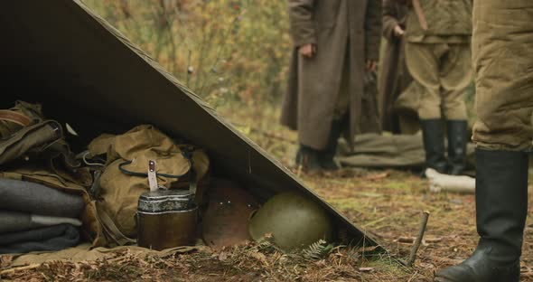 Camp Tent Of Infantry Soldier Of Soviet Russian Red Army During World War II In Forest Camp alt