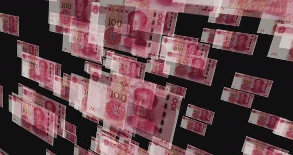 China Yuan 100 banknote – flying between transparent money