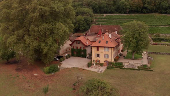 Aerial dolly of old monumental buildings in rural Switzerland alt
