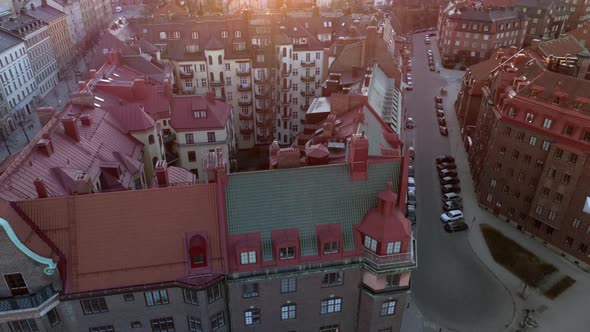 Drone Shot Flying Over Stockholm City Buildings