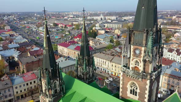 Aerial Video of Saint Olga and Elizaveta Church in Central Part of Old City of Lviv, Ukraine