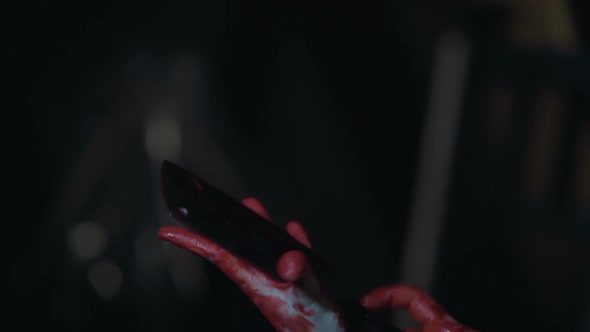 Psycho With Bloody Shaky Hands Looking at Butcher Knife Before Killing Victim alt