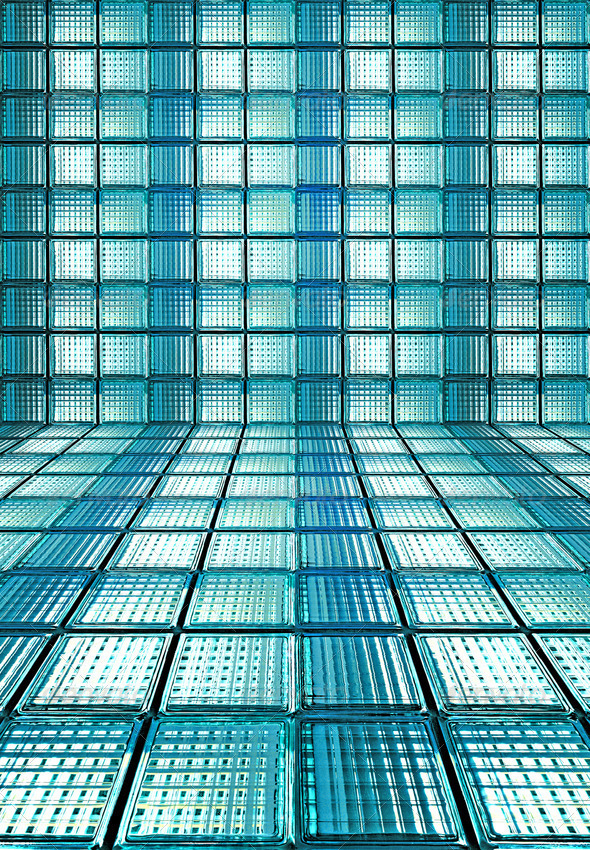 Blue glass box wall and ground