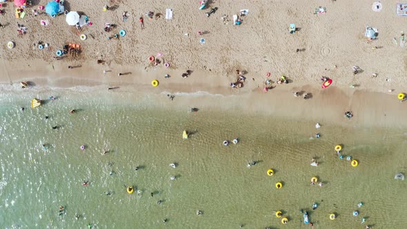 People who enjoy swimming on the transparent and clean beach. Jeju Island. alt