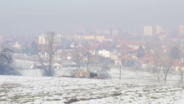 Fog over town of Zajecar filmed from park hill Kraljevica 4K 3840X2160 UHD footage - Eastern  Serbia alt