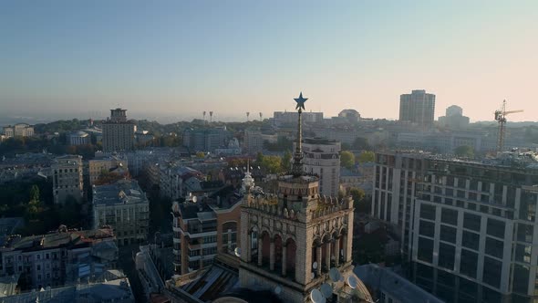 Aerial Drone Footage of the Building of the House with a Star in Kyiv