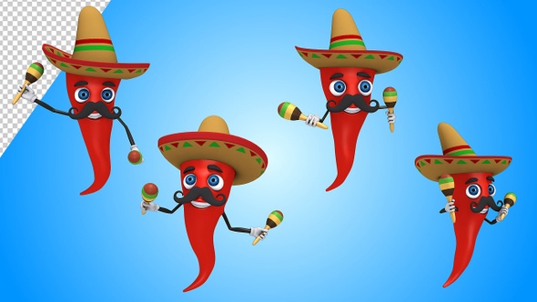 Chili Pepper With Sombrero Hat And Maracas (4-Pack)
