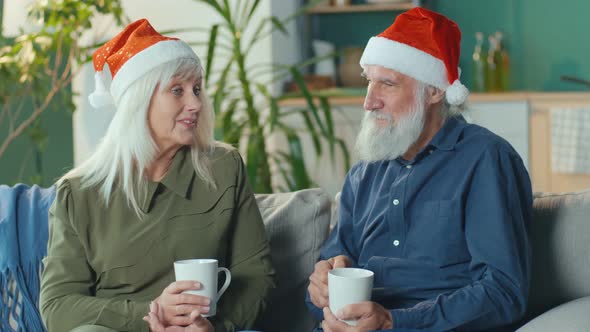 Elderly Couple in Santa Claus Hats Celebrating Christmas in Cozy Living Room alt