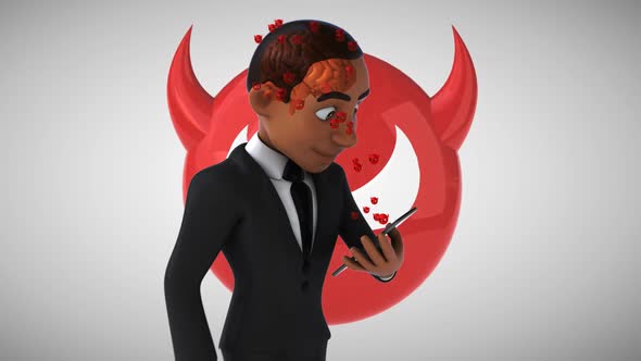 Fun 3D cartoon business man walking with a phone and the dangers of social media alt