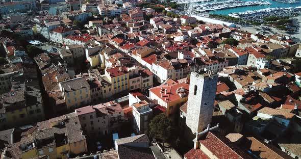 Aerial Footage of Antibes, France, Cote D Azur. Beautiful Sunny Day in Mediterranean Sea. Old Castle alt