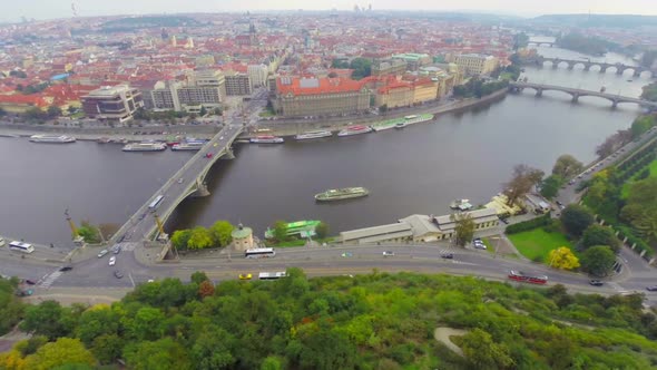 Prague's Bridges, Old and New City Aerial Shot, Slow Flythrough alt