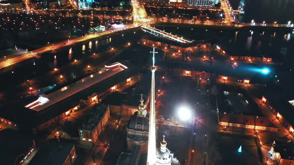 Aerial View of Peter and Paul Fortress Spire with a Gold Cross and an Angel, St Petersburg, Russia