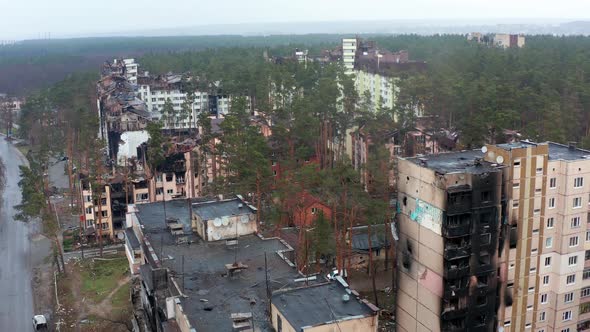 Aerial view of the destroyed and burnt houses.