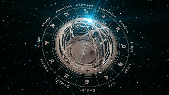 Zodiac Signs and Armillary Sphere On Black Background, Motion Graphics