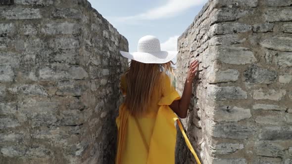 Girl In Yellow Dress Walking On Mayan Ruin Temple Belize alt