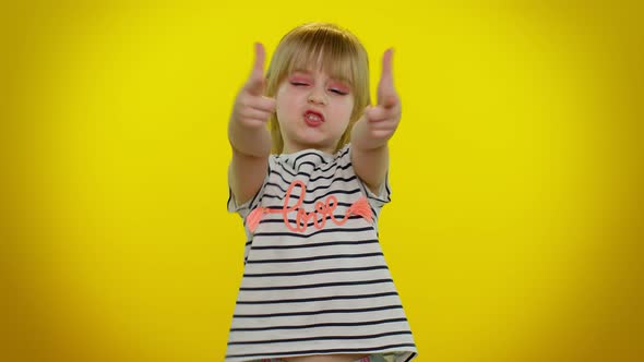 Little Kid Child Girl Pointing Around with Finger Gun Gesture Making Choice Shooting Killing Pistol alt