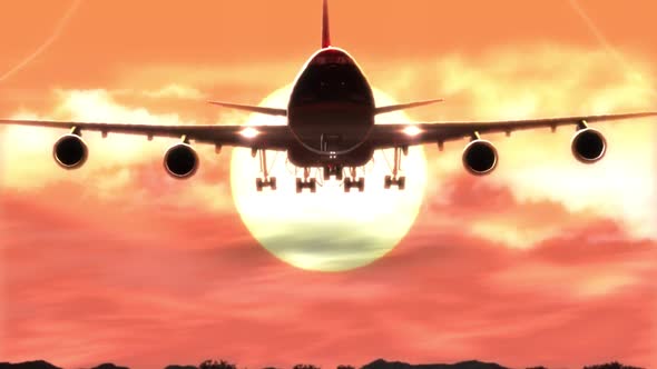 plane landing at sunset