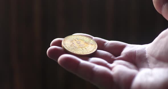 A Bitcoin in a Male Hand