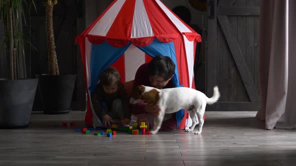 Father with son and dog play in blocks in a small children's house