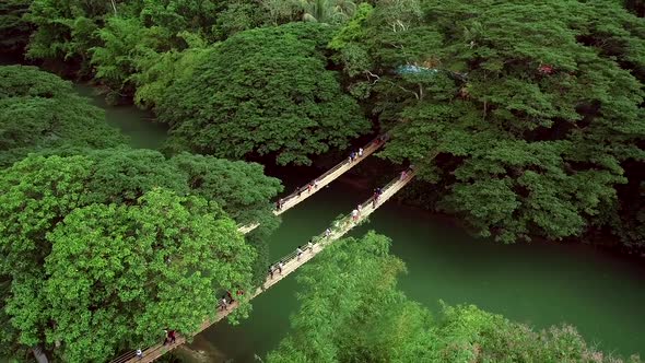 Aerial view of Sipatan Twin Hanging Bridge, Loboc, Philippines. alt