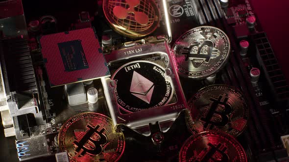 Bitcoin BTC Ripple Ethereum CPU Central Processor on Digital Pc Motherboard Cryptocurrency Mining alt