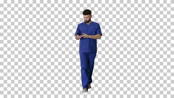 Surgeon doctor walking and using his phone, Alpha Channel alt