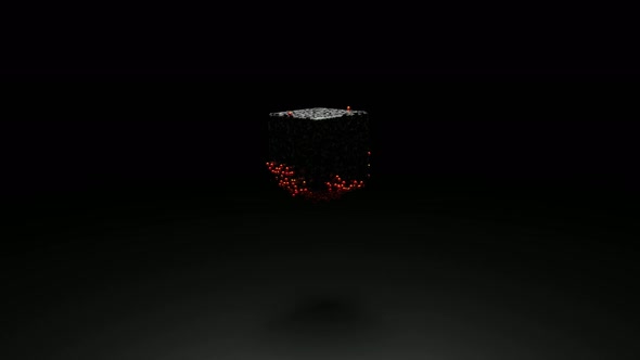 Close up of silver metallic cube rotating surrounded by endless quantity of tiny red spheres alt