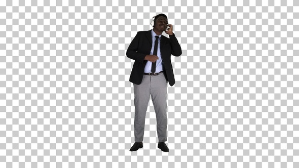 Black Businessman Dancing to Music in Headphones, Alpha Channel alt