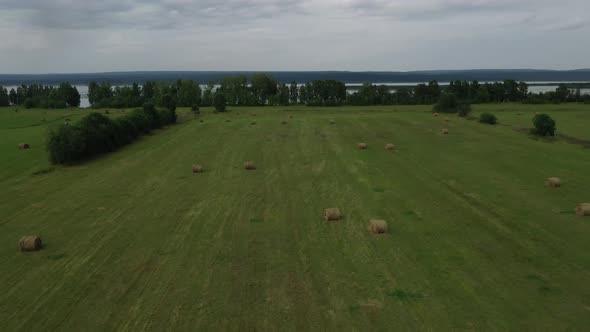 Haystack and lake aerial view