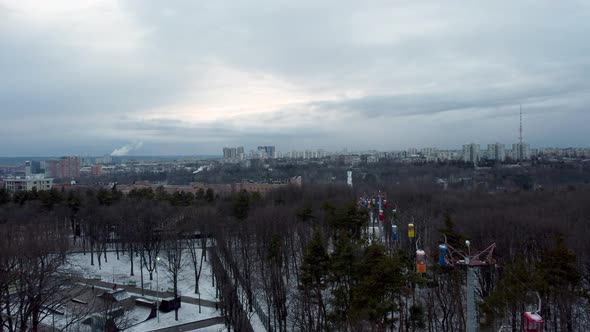 Kharkiv aerial. Cableway cabins in winter park