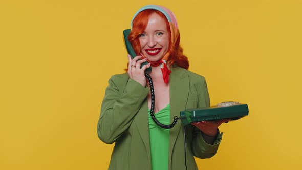 Cheerful Red Hair Girl Secretary Talking On Wired Vintage Telephone Of 80s Say Hey You Call Me 8956