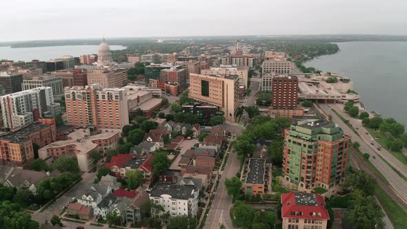 Wide Aerial View Downtown Madison Wisconsin 4KUHD