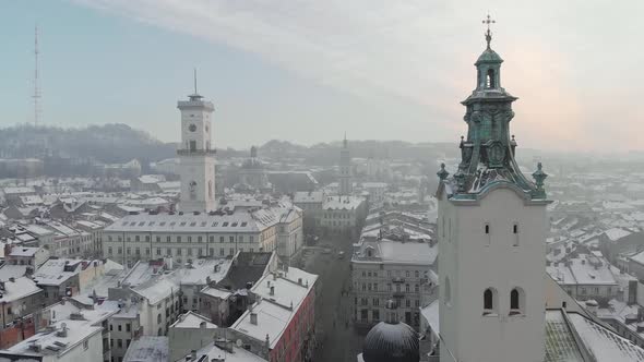 Aerial Drone View of Lviv Cityscape in Winter Western Ukraine alt