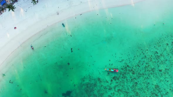 fishing boats in the turquoise calm lagoon, aerial shot revealing white sand beach with tall palms l alt
