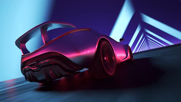 Futuristic concept sports supercar racing through a tunnel made of lights. 4K HD