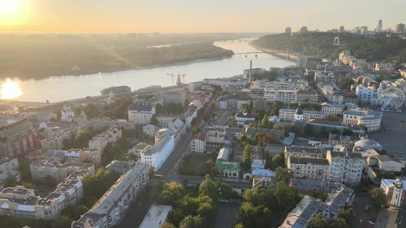 Historical District of Kyiv - Podil in the Morning at Dawn, Ukraine, Aerial View alt