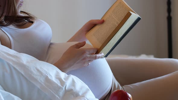 Pregnant girl reading a book on the couch. Pregnancy and birth.