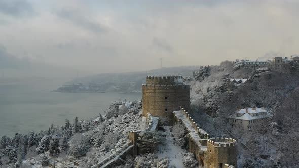 Aerial view of Rumeli Hisari ruins on hilltop, Istanbul, Turkey. alt