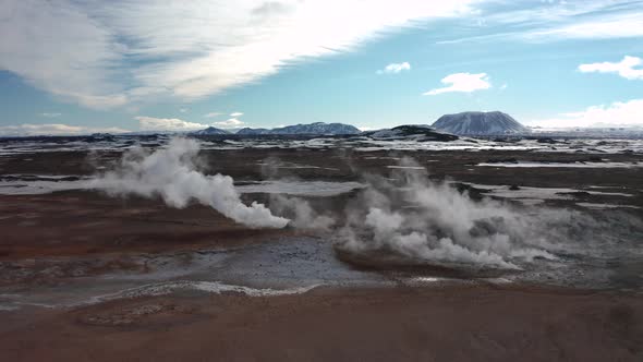 Aerial View of a Valley with Steaming Fumaroles. Iceland. Winter 2019