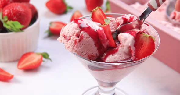 Homemade Strawberry Ice Cream Ready to Be Served