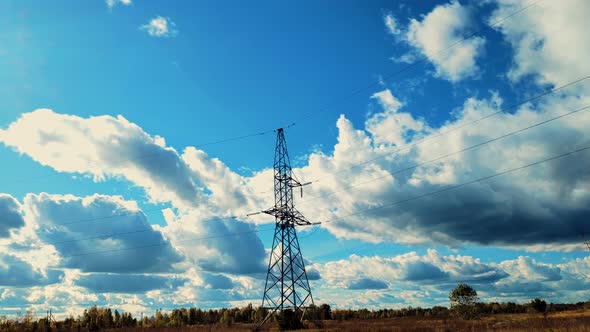 Electricity Transportation Industry Energetics. High Voltage Electric Tower With Insulators. alt